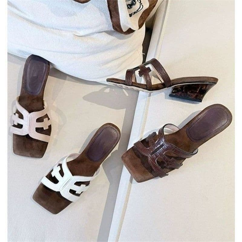 French Chunky Heel Slide Sandals Women Summer Outdoor One-Strap Stunning High Heel Wedge Comfortable Non-Tiring Beautiful Sandals