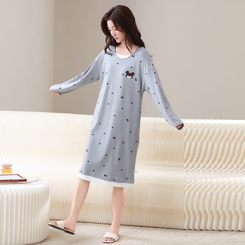 2026 New Spring/Autumn Cotton Nightgown for Women Long Sleeve Round Neck European and American Style Homewear Wearable Dress Long Sleeve