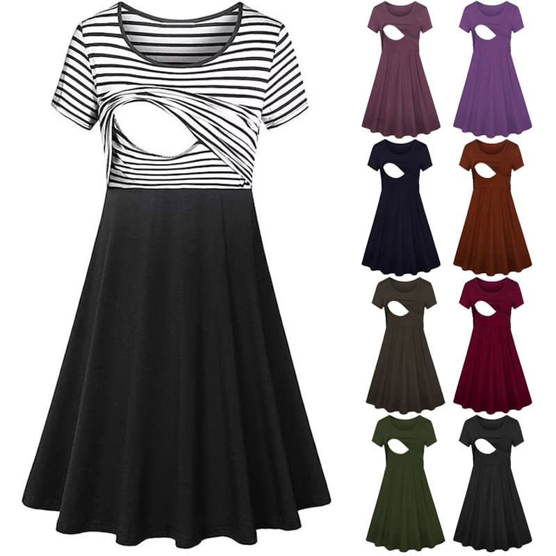 2023 Amazon New Spring and Summer Maternity Dress Round Neck Stitching Nursing Dress Nursing Wear