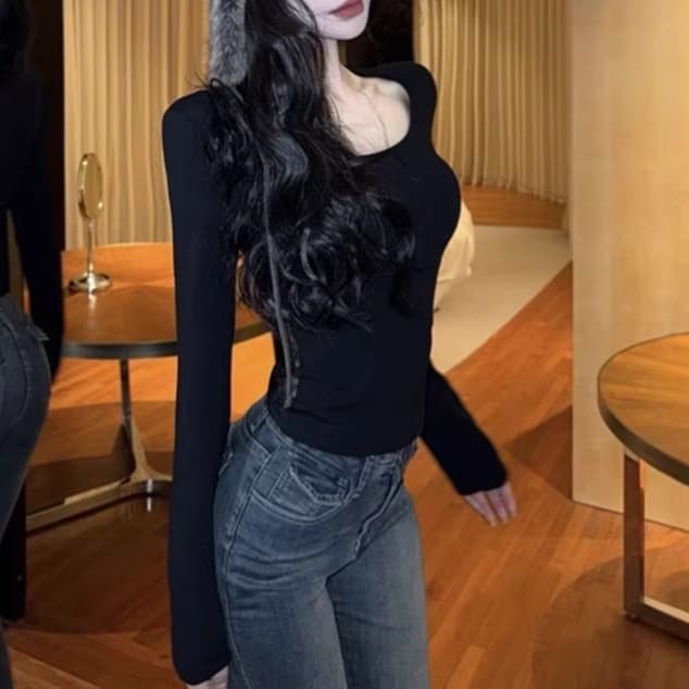 Lace bottoming design long-sleeved top for women spring pure lust hottie short style back hollow sexy inner T-shirt