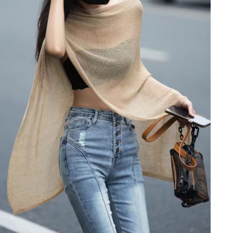 Women's Irregular Cape Shawl Sun Protection Shirt for Spring and Summer, Loose and Casual Style, Thin Ice Silk Knitted Sweater