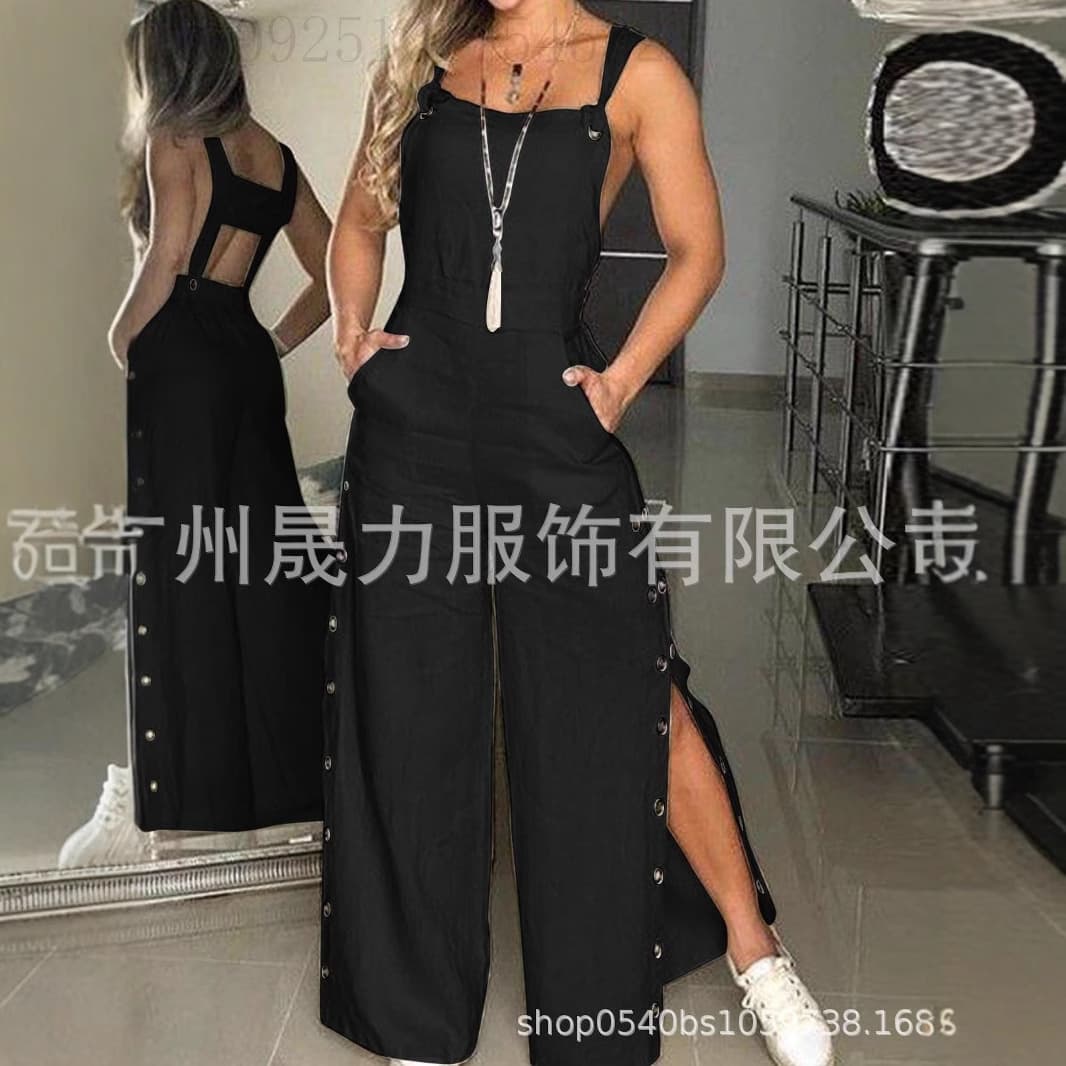 Women's solid color sleeveless side pocket casual wide leg side buckle jumpsuit