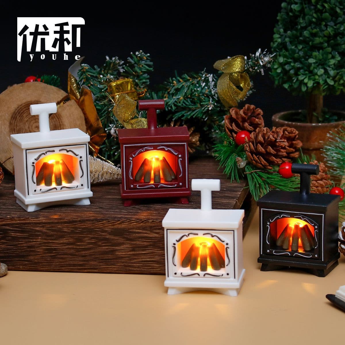 LED Retro Lantern with Simulated Flame for Nordic-Style Atmosphere, Creative Platinum Fireplace Design Night Light