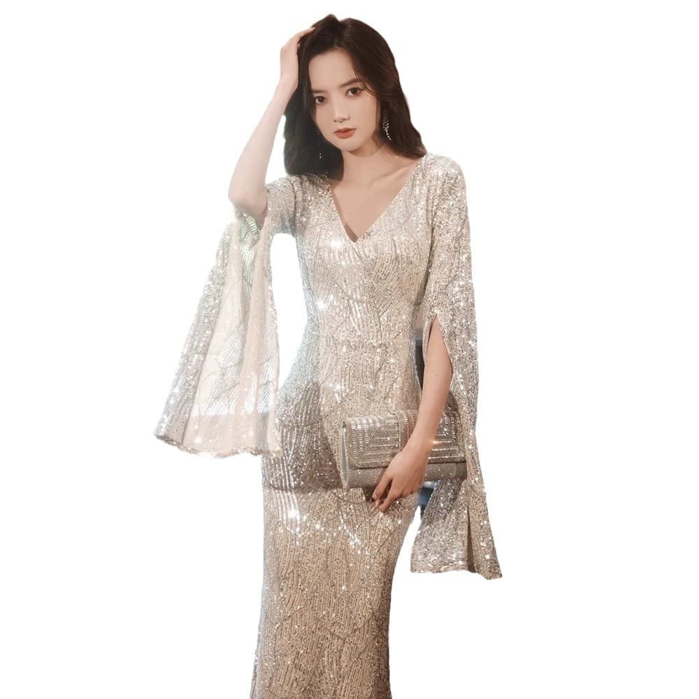 High-End New Host Banquet Elegant Socialite Light Luxury Sequined Fitted Mermaid Dress