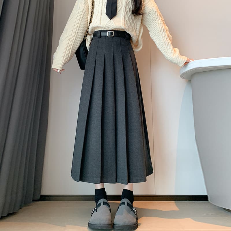 Skirt for women, autumn and winter, thickened, high-waisted, slimming, woolen pleated skirt, leather belt, large size, versatile, retro mid-length skirt