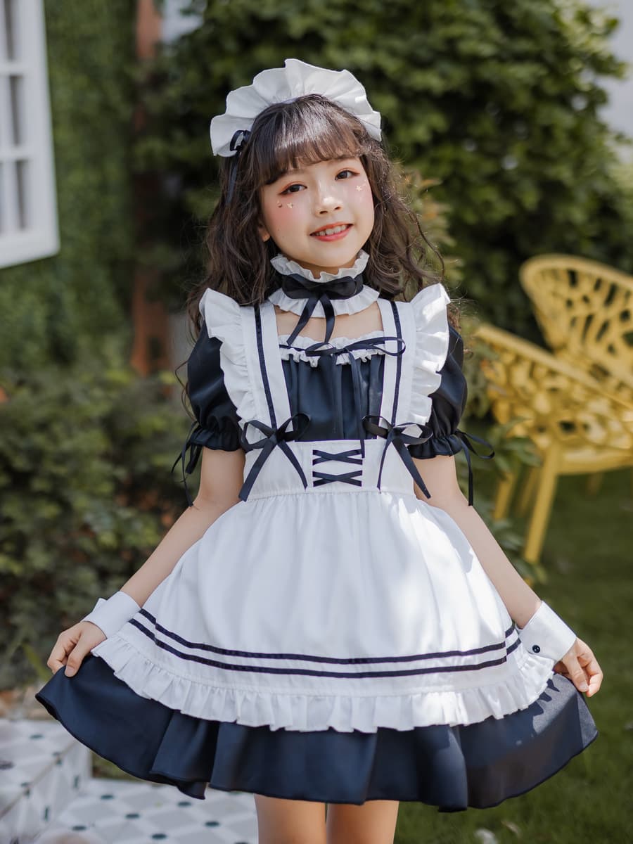 Japanese Girls Black Maid Outfit Kids Girls Maid Cute Lolita Dress Children Princess Lolita