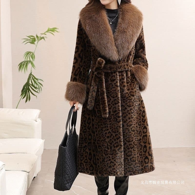 Cross-border 2025 Winter New Leopard Print Faux Mink Coat Elegant Winter Fashion Mid-Length Shawl Collar Fur Collar Coat for Women