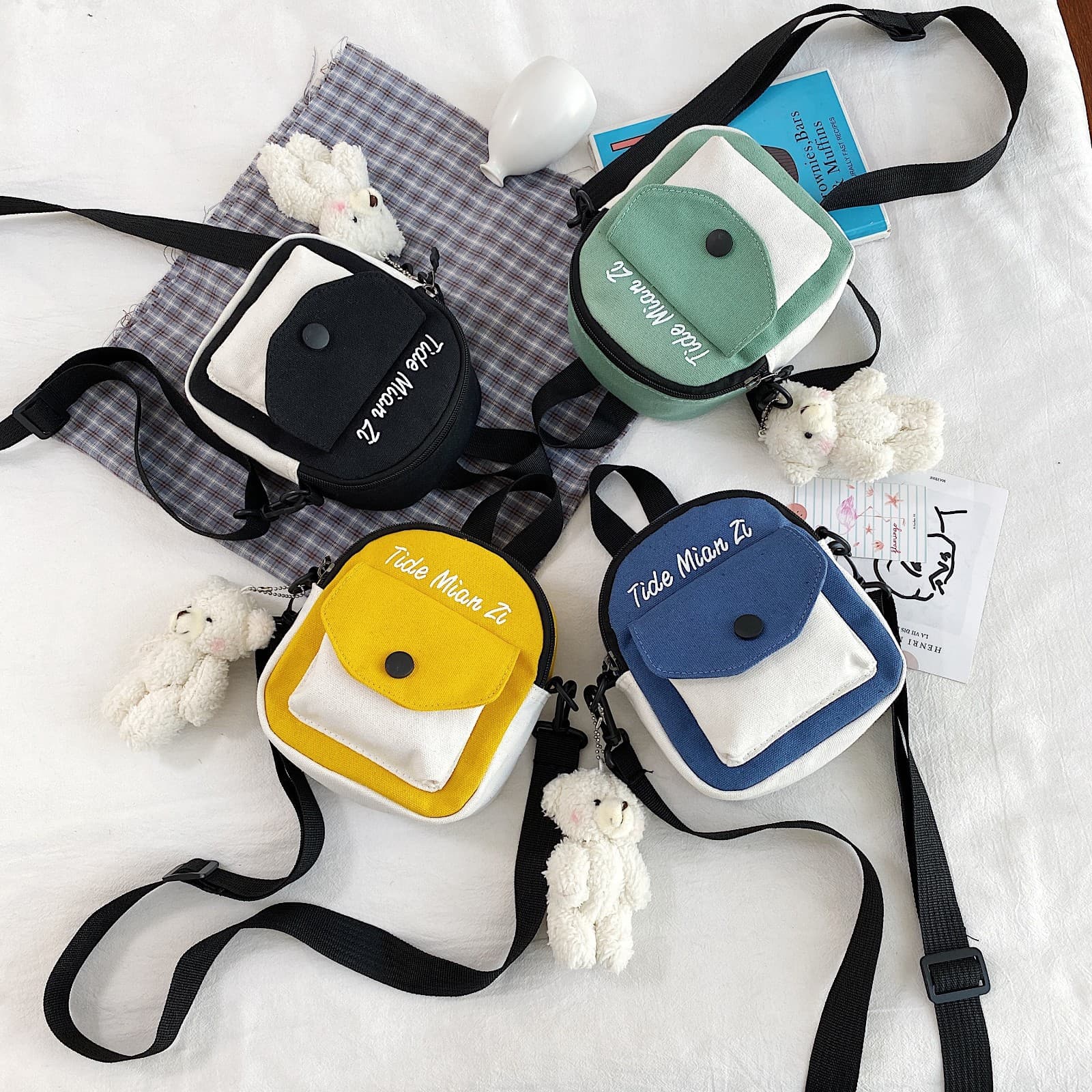 Canvas Bag Women Crossbody Korean Style 2026 New Cute Kids Shoulder Bag Small Square Bag Phone Bag
