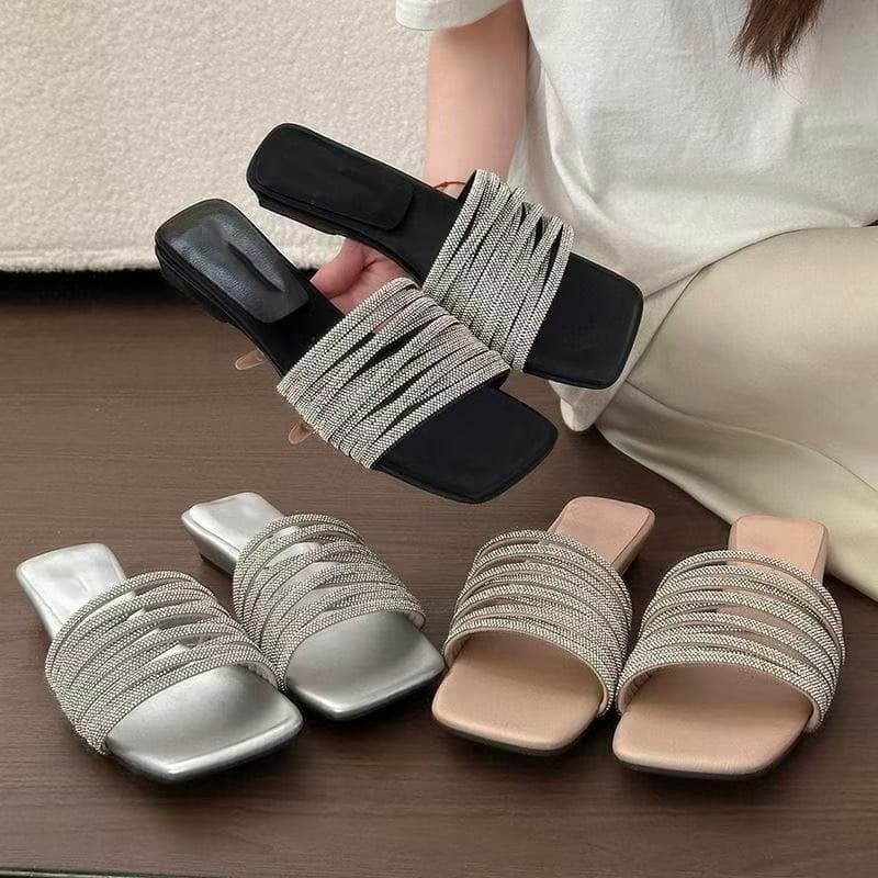 Wedge Flat Sandals for Women, Summer 2026 New Style, Suitable for Wearing with Skirts, Elegant Rhinestone Slip-On Sandals