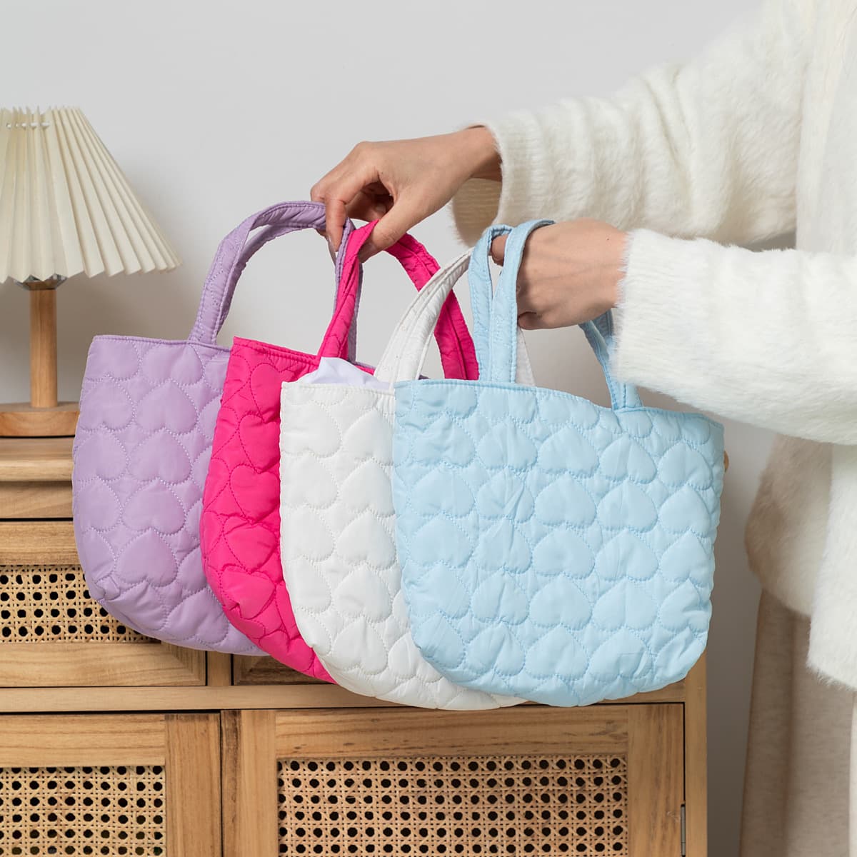 Adorable Quilted Heart Soft Tote Bag Student Lunch Box Bento Bag Shopping Handbag Women's Bag Wholesale
