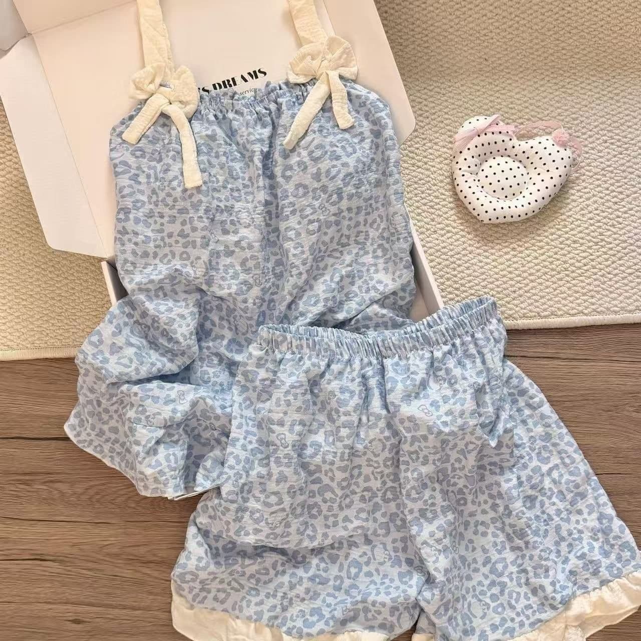 Bow Camisole Pajama Set with Built-in Bra for Women, Summer Cloud Cotton Princess Style, Sleeveless Shorts Loungewear Set