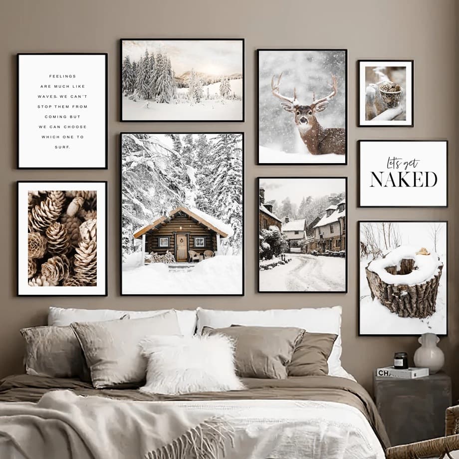 Modern Minimalist Nordic Winter Snow Scene Forest Tree House Deer Bedroom Living Room Canvas Decorative Wall Art Mural Print