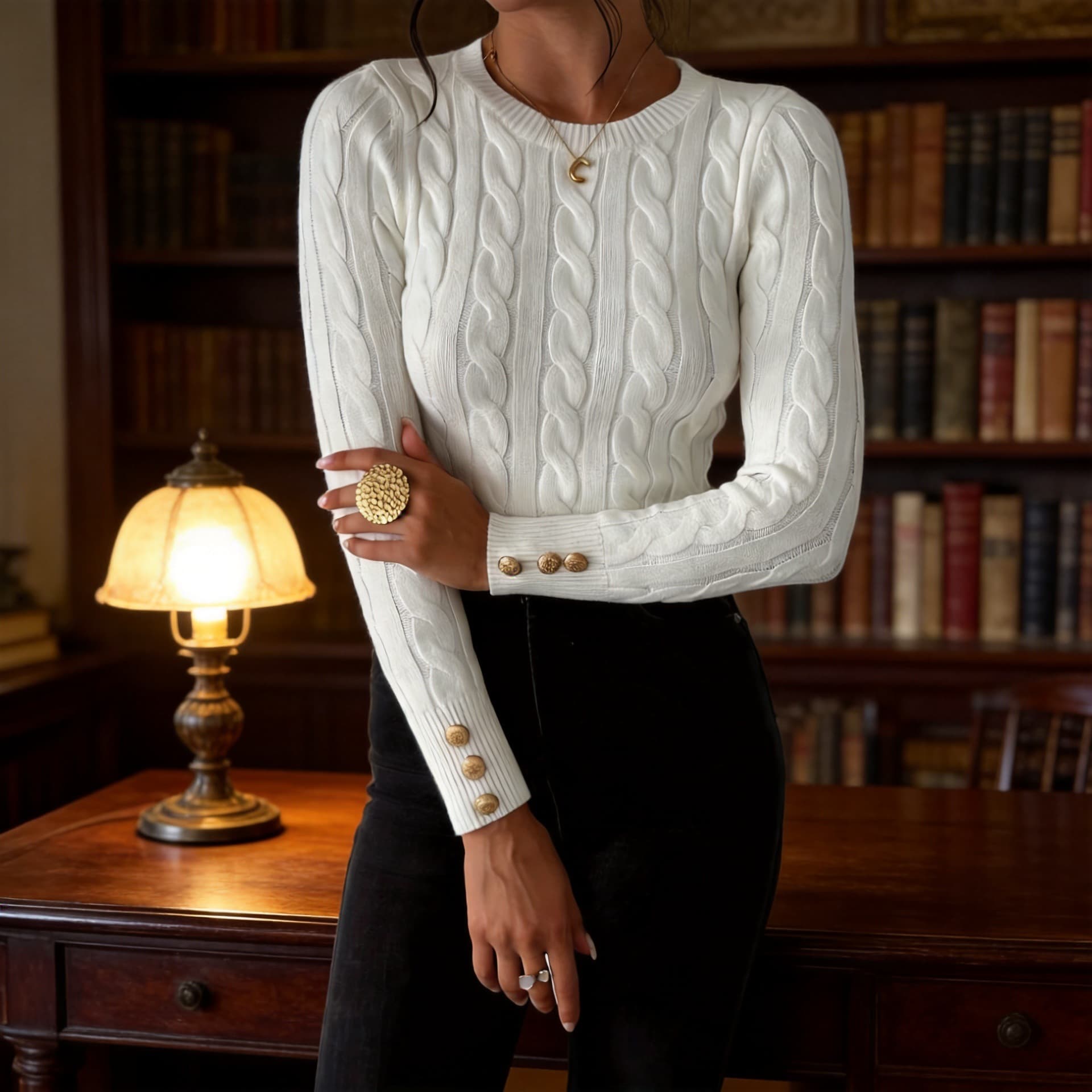 Old Money Style Women's Knit Sweater, Long-Sleeve Crew Neck Pullover, Artistic Vintage Elegance, Elegant Top