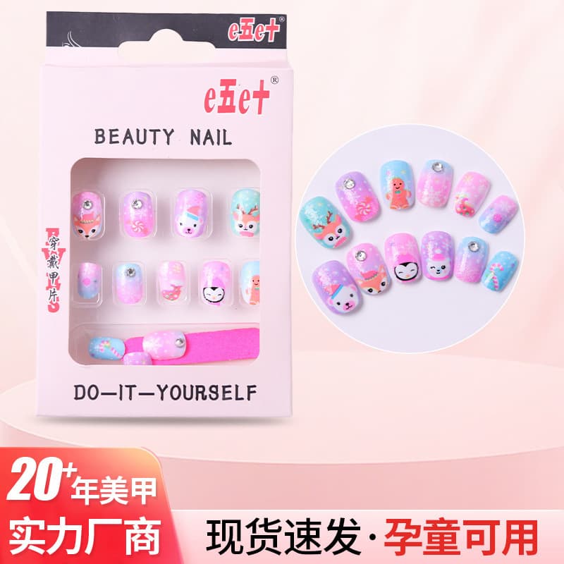 Color Gradient Nail Stickers with Deer, Bear, Penguin, Fox Cute Animal Wearable Nails Pink Purple with Rhinestones