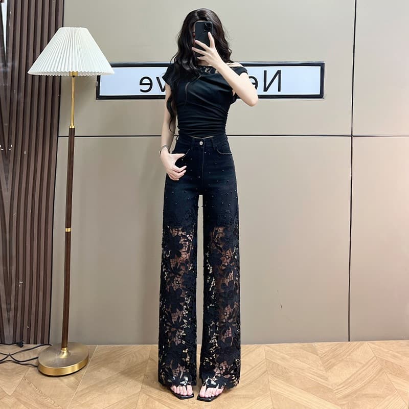Fashionable Lace Hollow Out Wide Leg Jeans for Women 2026 New Summer Thin Style Rhinestone Popular Straight Leg Pants