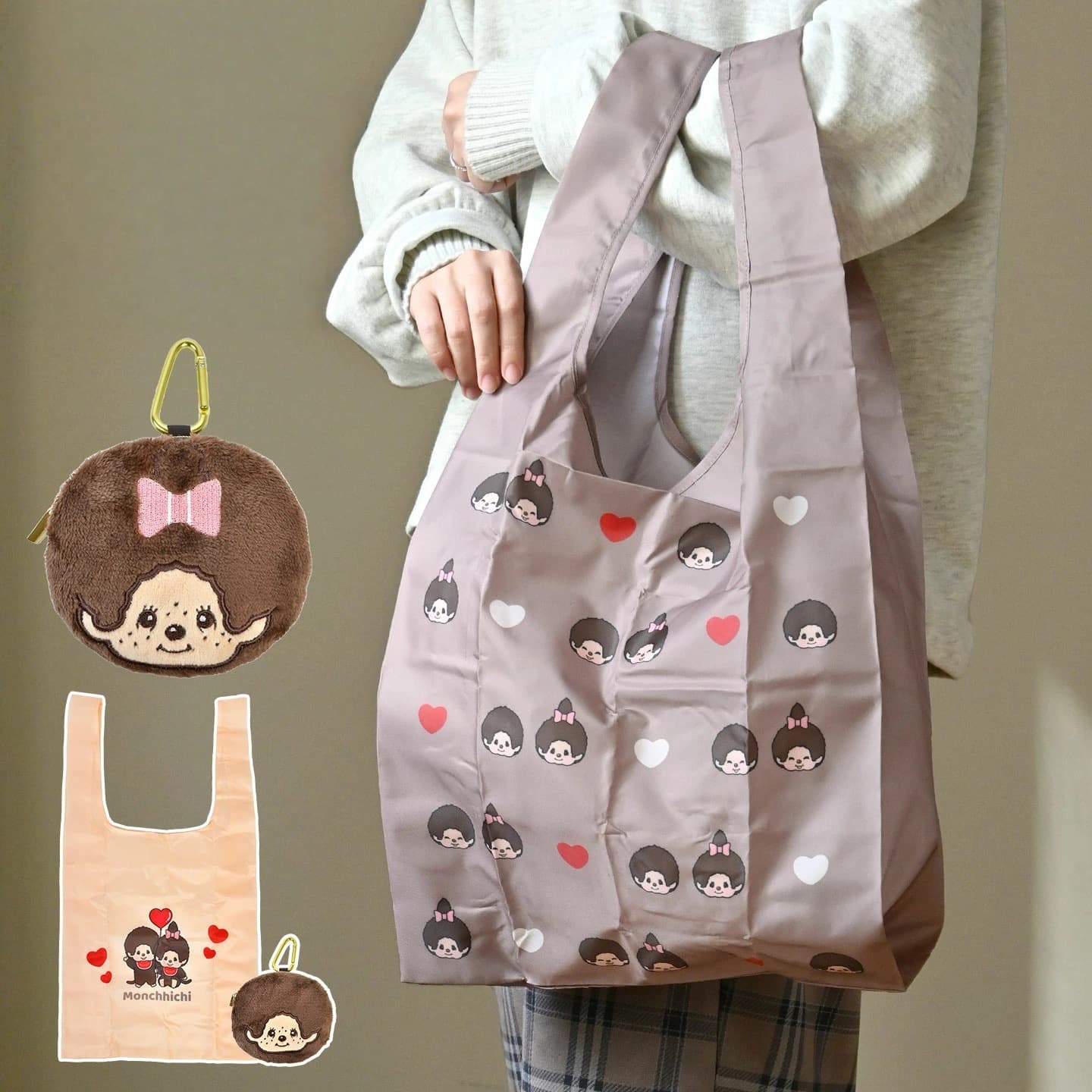 In Stock Japanese Style Monchhichi Embroidered Plush Pendant Cute Shoulder Bag Student Large Capacity Foldable Cute Eco-Friendly Bag