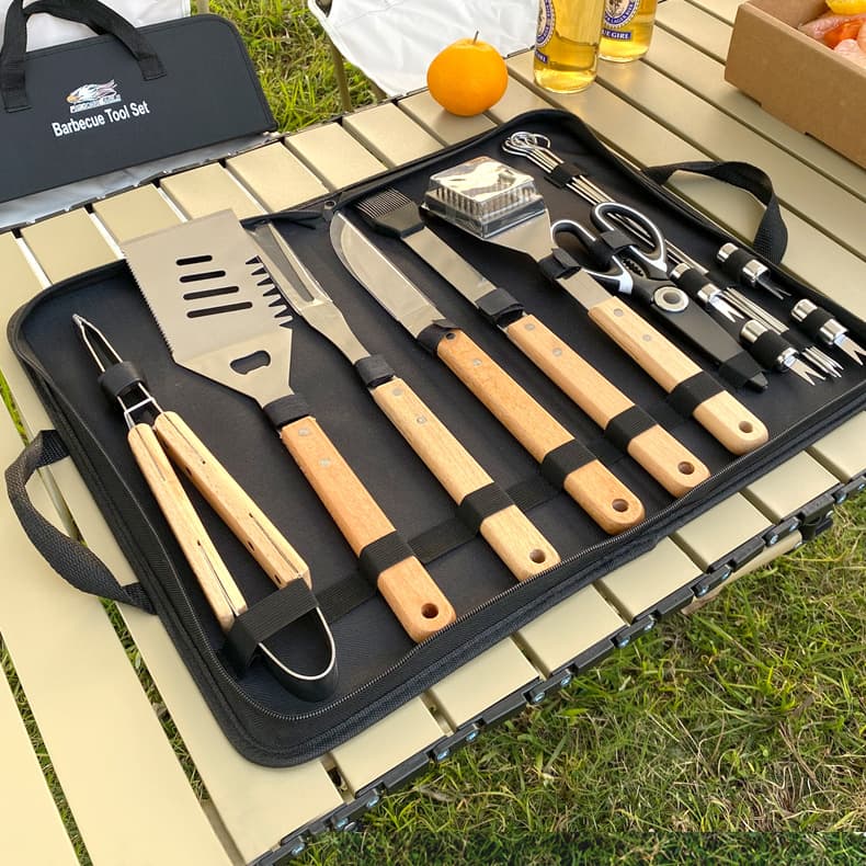 Outdoor camping BBQ tool combo with beechwood handles (fork/spatula/tongs), cloth bag stainless steel set