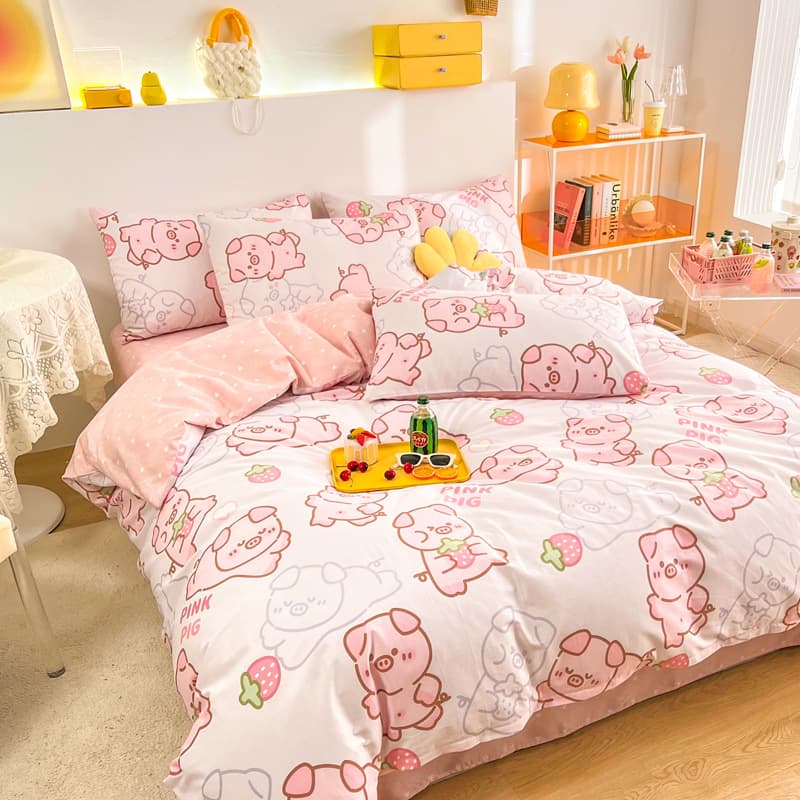 Printed Cartoon 4-Piece Set, Pure Cotton Brushed Fabric, Skin-Friendly Cotton Kids Duvet Cover, Bed Sheet, Student Dormitory Bedding 3-Piece Set