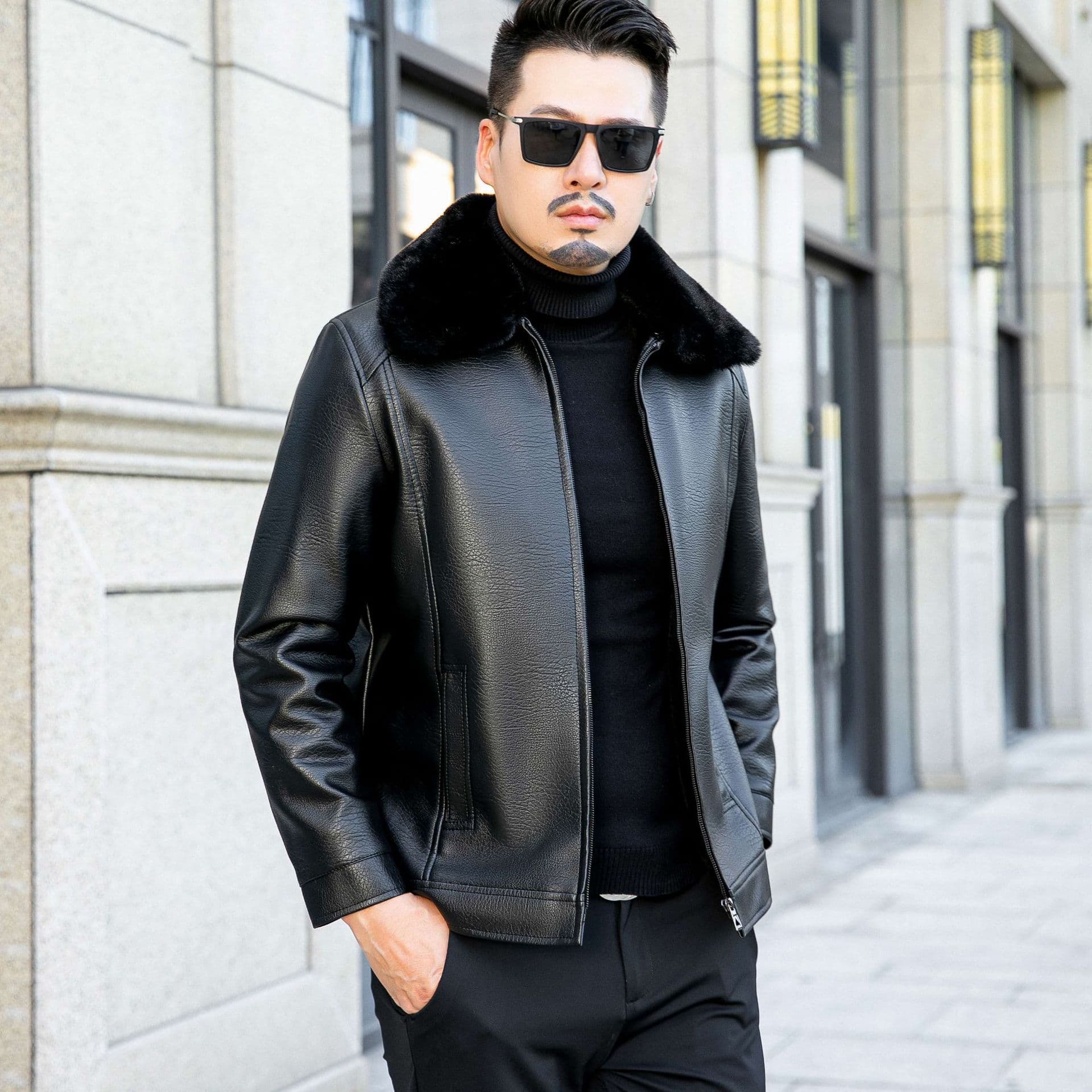 New Winter Casual Leather Jacket with Lapel Collar, Thickened and Fleece-Lined Leather Coat for Middle-Aged and Elderly Men