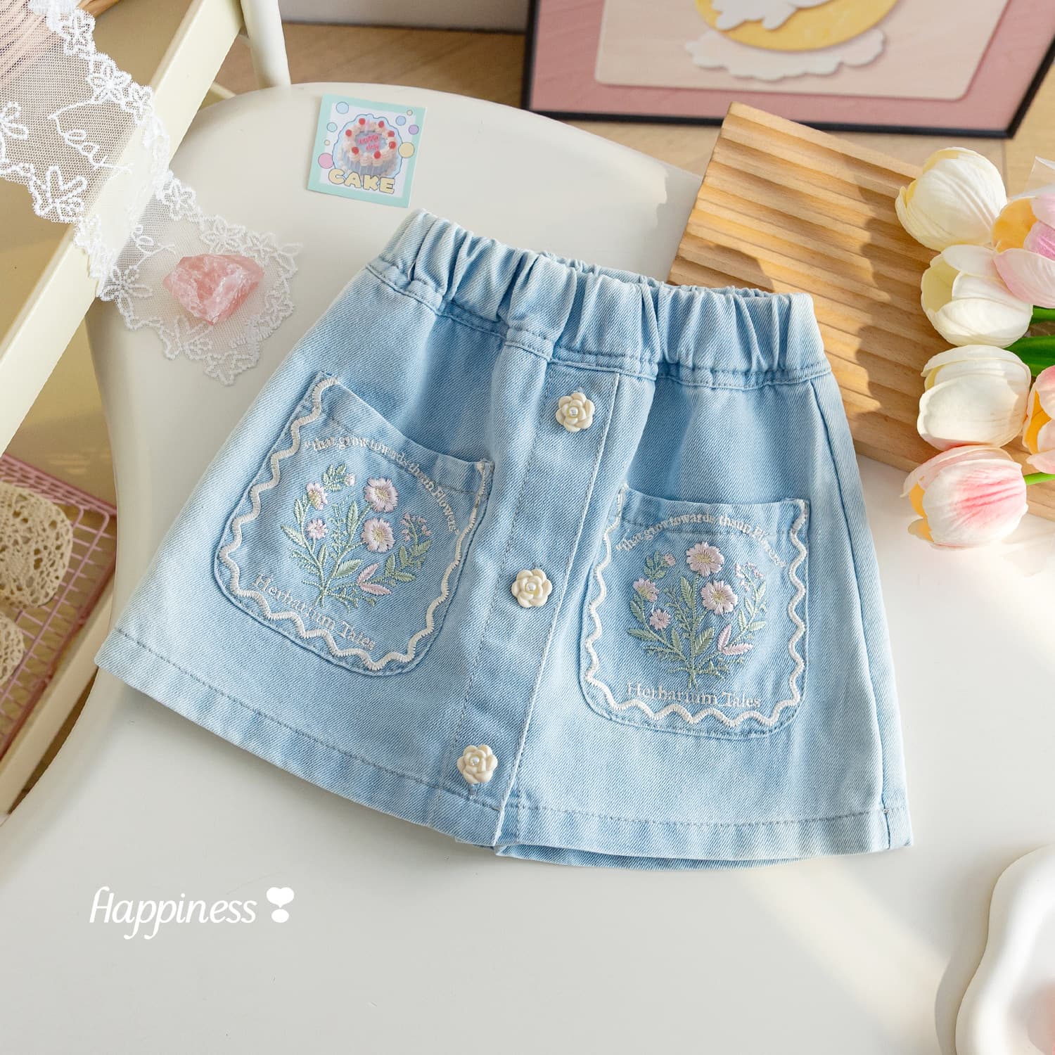 Girls Summer Denim Shorts with Fashionable Floral Embroidery, Stylish Faux Two-Layer Casual Pants, Baby Summer Versatile Skirt Pants