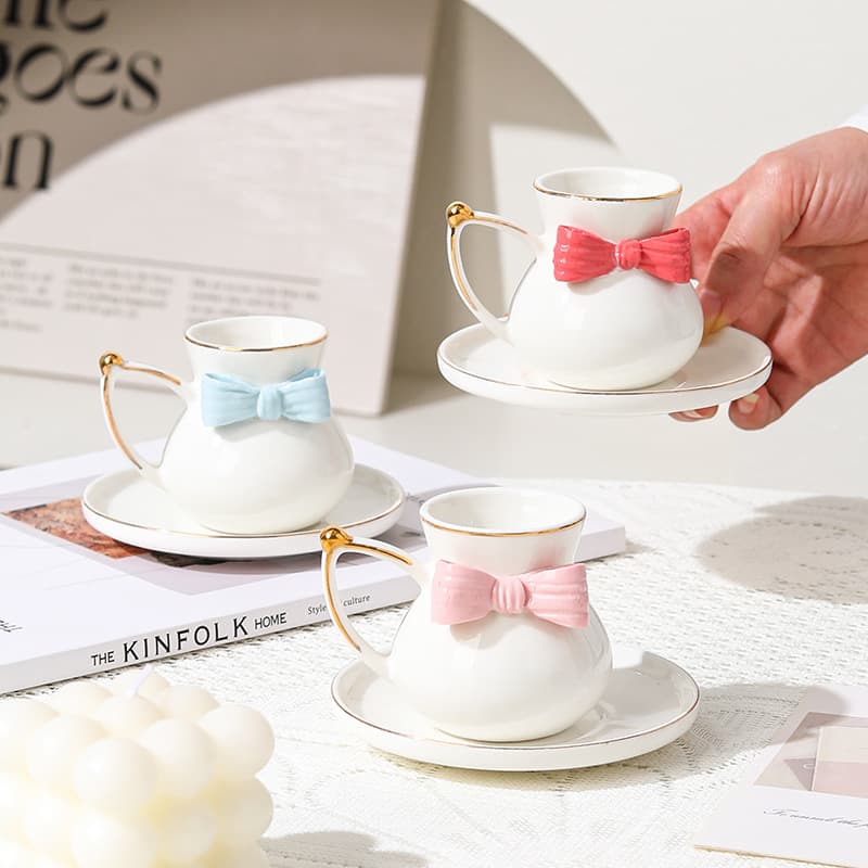 Creative High-End Hand-Pinched Bow Coffee Cup & Saucer, Ceramic Espresso Cup & Saucer, Household Afternoon Tea Coffee Cup Set