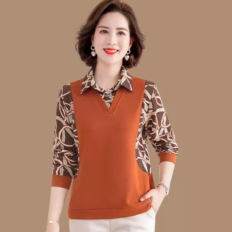 Stylish two-piece top for middle-aged and elderly women, long-sleeved T-shirt, shirt, new spring and autumn pullover.
