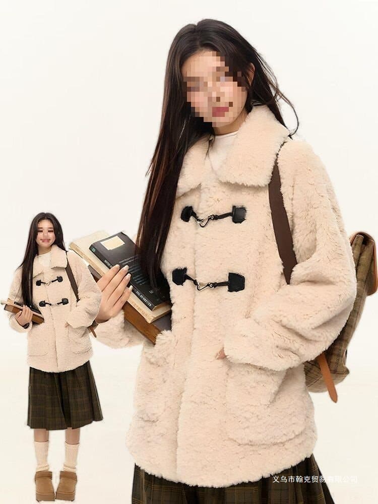 Women's Shearling Coat Winter 2025 New Style Horn Button Mid-Length Fleece-Lined Thickened Faux Fur Plush Coat