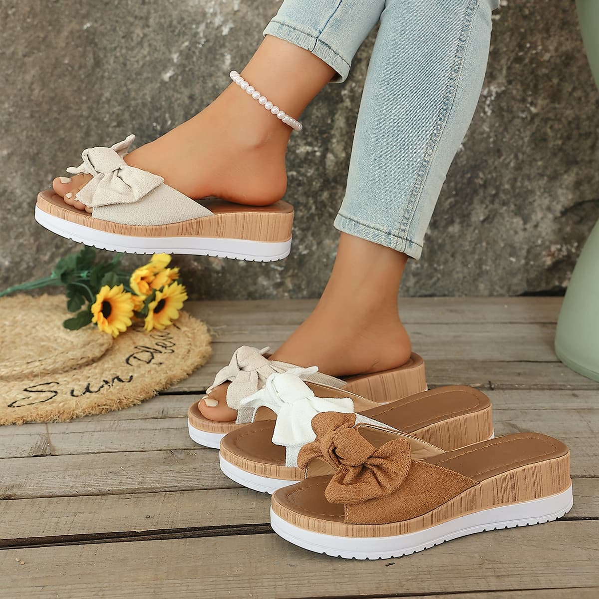 Fabric Bow Wedge Slides 2026 Summer Cross-Border Large Size Platform Sandals New Thick Sole Outdoor Wish