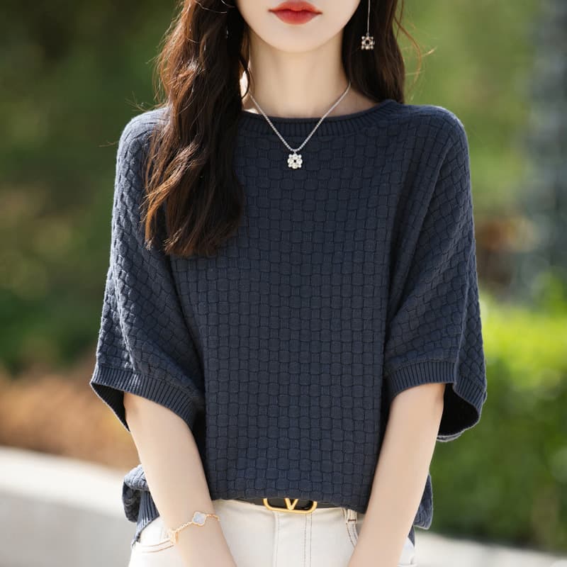 Fashionable Outerwear Half Sleeve Slimming Top Stylish Mid-Sleeve Knitted Shirt Women's Loose Plus Size Base Shirt Spring and Summer