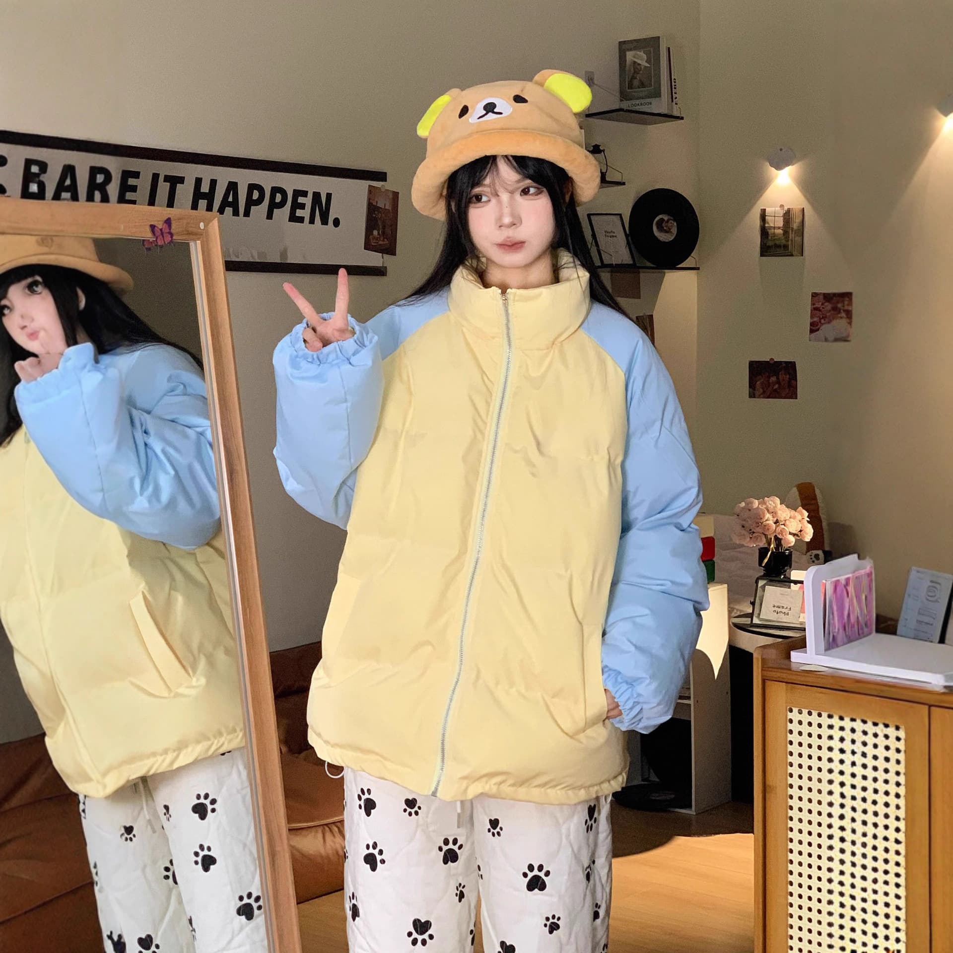 Sweet and Cute Bear Contrast Color Thick Baseball Jacket Cotton Coat Women's Winter New Loose Versatile Student Puffer Coat