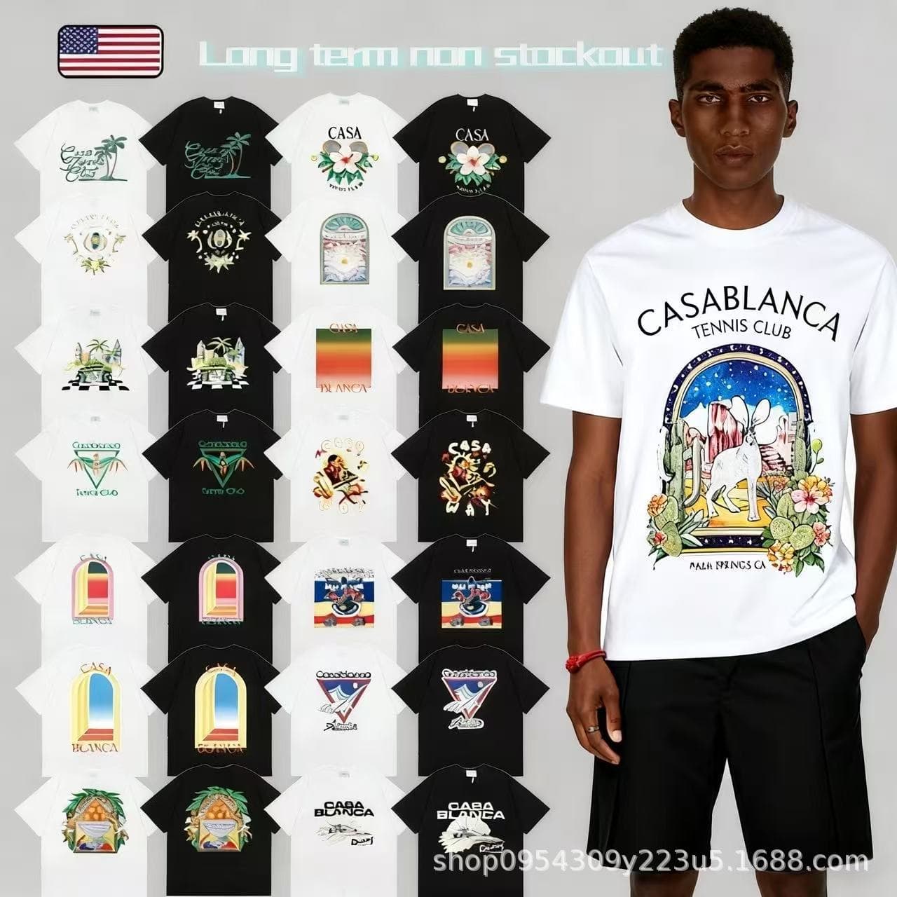 Casablanca Casablanca European and American cross-border pure cotton printing 260g short-sleeved men's 25s new trendy brand t-shirt