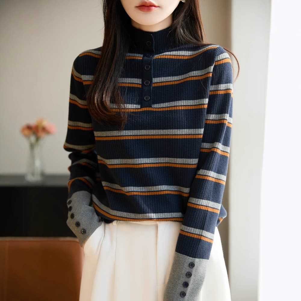 Worsted Wool French Retro Striped Contrast Button Knit Women's Long Sleeve Slim Fit Base Layer Inner Sweater