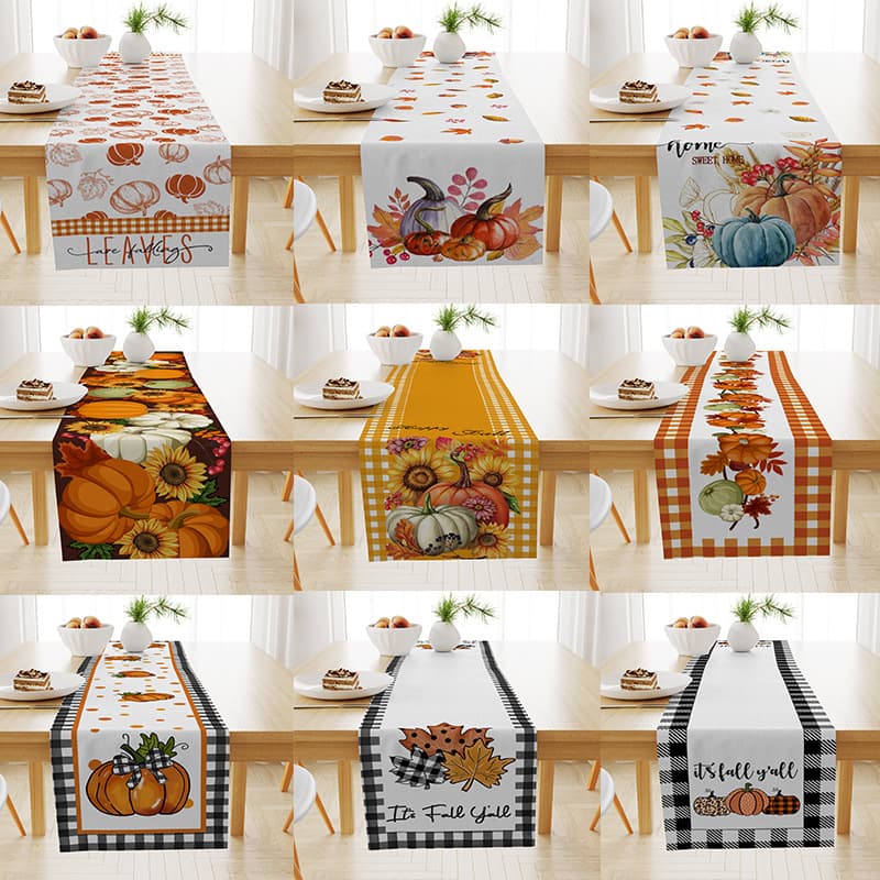Autumn pumpkin maple leaf print linen table runner cross-border holiday decoration table party tablecloth restaurant coffee table insulation