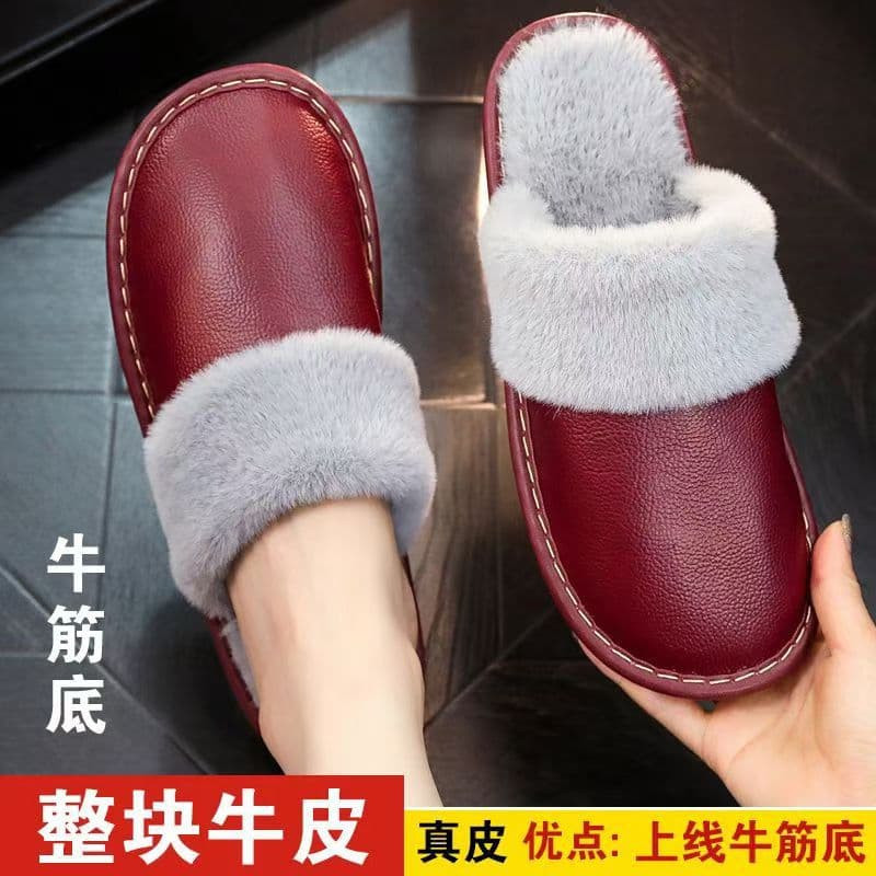Haining top-grain cowhide slippers, genuine leather, non-slip, rubber sole, warm for winter, suitable for men and women, gift holders.