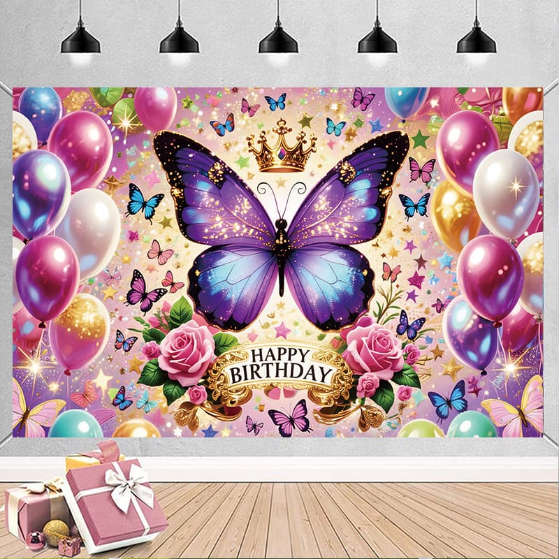 New Happy Birthday 2D Butterfly Balloon Birthday Party Decoration Scene Atmosphere Photo Prop Banner