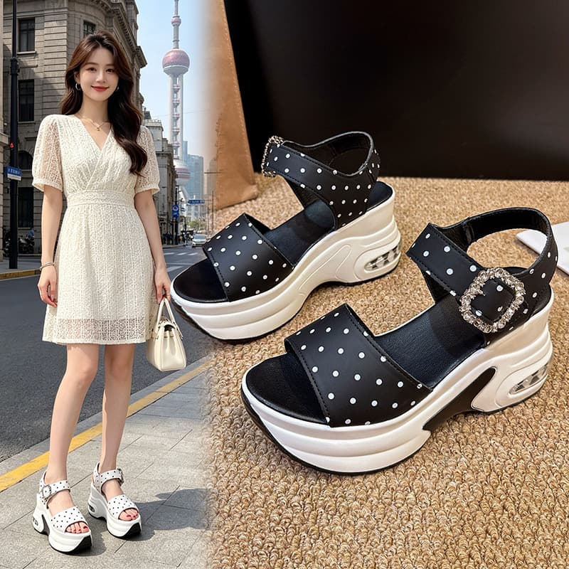 2026 new platform thick-soled Roman sandals for women summer large size rhinestone polka dot Velcro wedge sandals 43