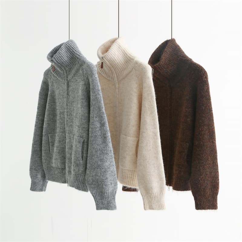Mixed Color Yarn Autumn/Winter Thick Double-Zip Cardigan Wool Loose Stand Collar Jacket Warm Top F8159