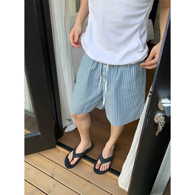American Style Button Drawstring Vertical Stripe Casual Shorts for Men, Summer Trendy Quick-Dry Beach Shorts Five-Point Sports Shorts