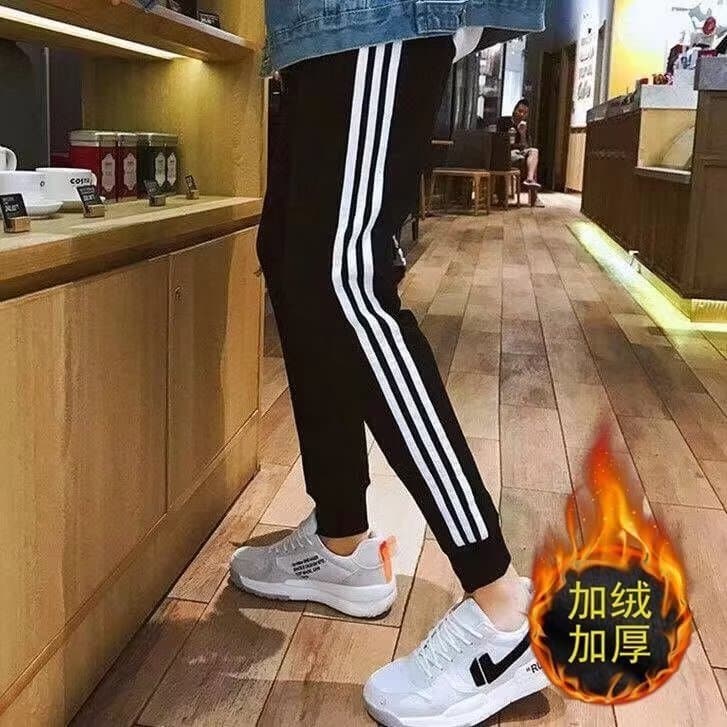 Trendy brand tapered-leg ribbed cuff three-stripe loose new style sports pants casual autumn/winter fleece-lined sweatpants men's trendy wholesale dropshipping.
