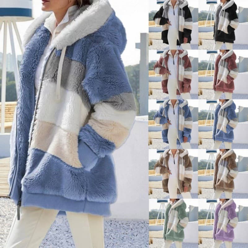 Cross-border Amazon TEMU best-selling European and American 2025 Autumn/Winter warm plush patchwork hooded coat with zipper pockets