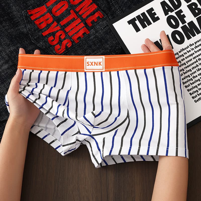 Men's Breathable Pure Cotton Boxer Shorts Striped Flat Angle Pants Comfortable Underwear for Teenagers And Adults