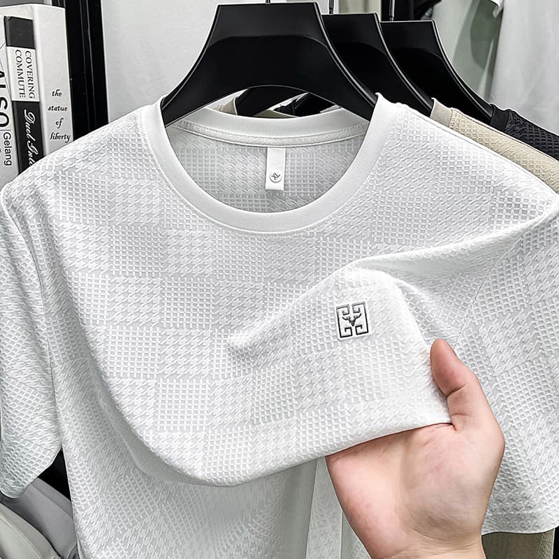 Nylon-Spandex Crew Neck T-Shirt, 2026 New Summer Style Short Sleeve Ice Silk Tee, Men's Casual Breathable Crew Neck