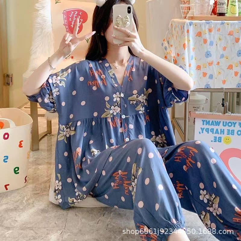 New Women's Pajama Set Summer Thin Short Sleeve Top and Long Pants Cardigan Set Rayon Cotton Plus Size Homewear