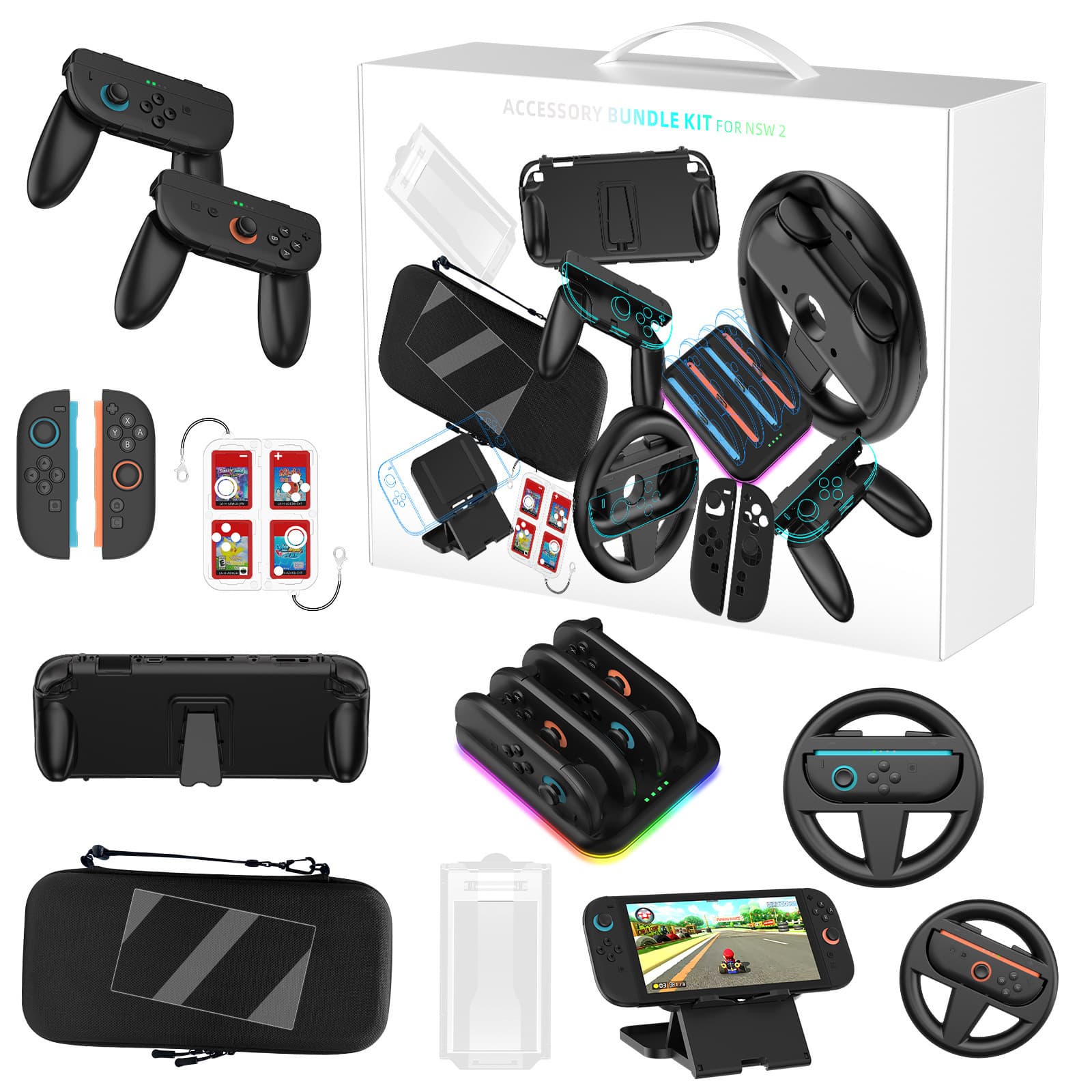 Switch2 Motion Sensing 15-in-1 Accessory Set NS2 Steering Wheel Grip Charging Dock Storage Bag Stand