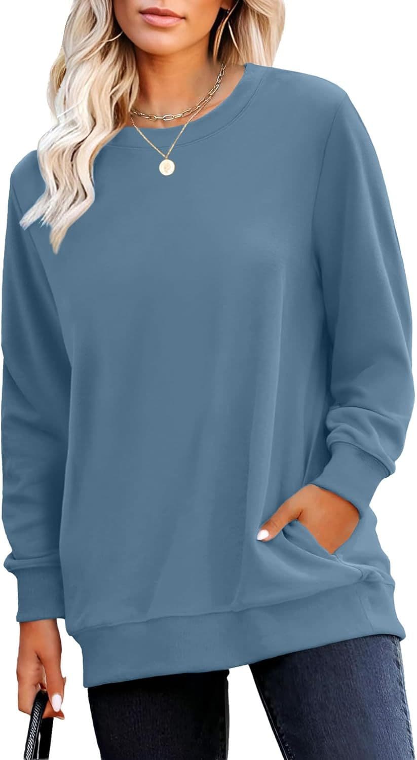 Rumia Women's Round Neck Autumn Sweatshirt Fashion - Women's Solid Color Long Sleeve Pullover Top with Pockets