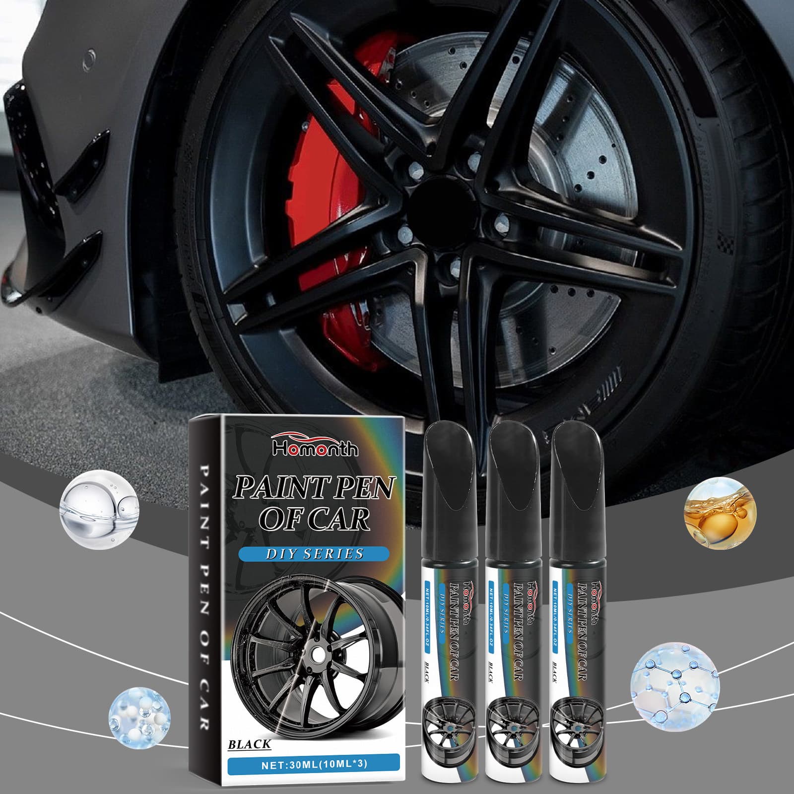 Homonth Black Car Wheel Scratch Care Pen Car Paint Scratches Decontamination Care Touch-Up Pen