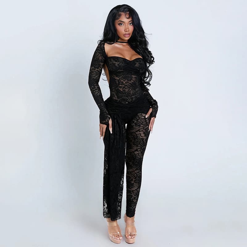 D25ST490 European and American Style Women's Lace Finger-Loop Long Sleeve Hollow Bodysuit with Streamer Tight Long Pants Two-Piece Set