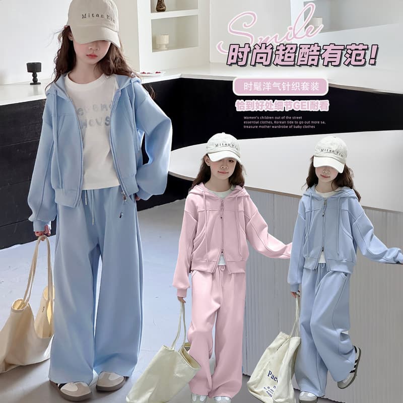 Girls' Hooded Sweatshirt Two-Piece Set Spring/Fall 2026 New Style for Middle and Older Kids Knit Fashion Sportswear Set