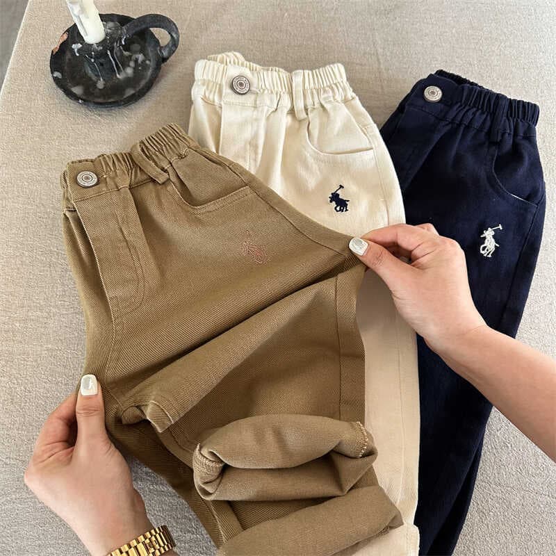 Children's Casual Pants 2025 Autumn Korean New Style Solid Color Elastic Waist Cotton Pants with Embroidery for Boys and Girls
