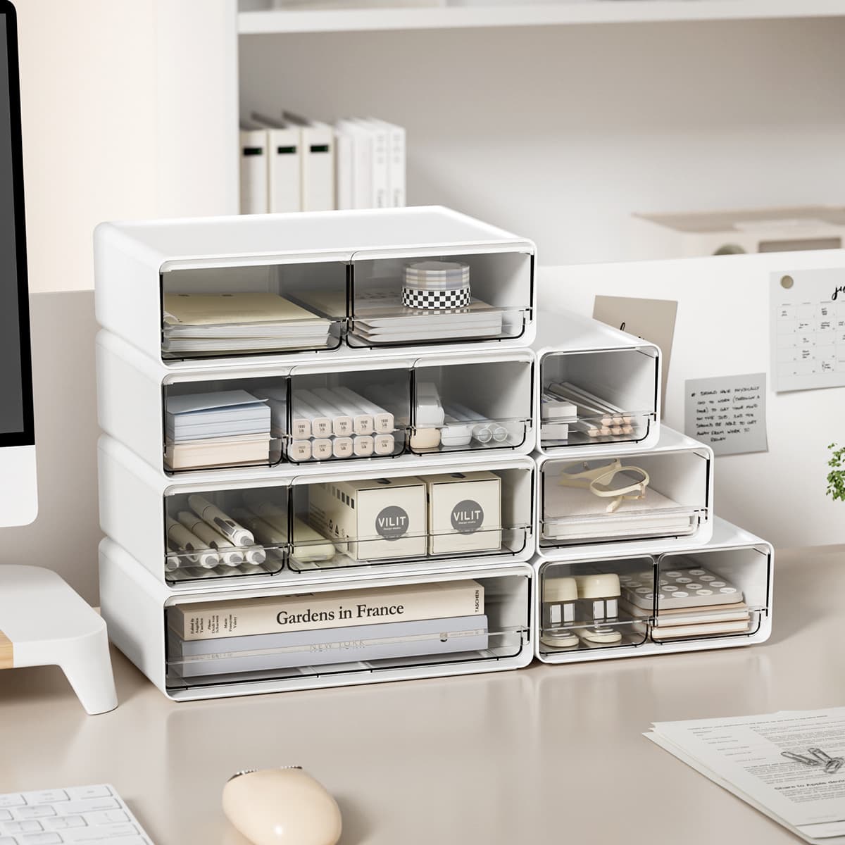 Desktop drawer-type storage box transparent stackable combined office storage box bedroom study cosmetics storage cabinet